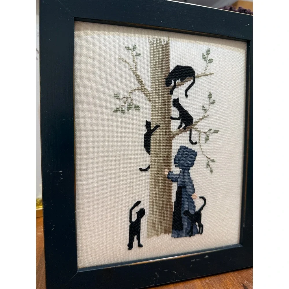 Vintage Framed Cross Stitch Folk Art Black Cats Tree Woman Primitive Decor 10x12